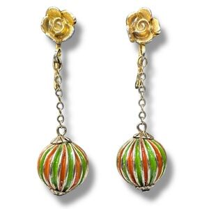 Vintage Gold Tone Rose with Green & Red Drop Dangle Clip On Earrings